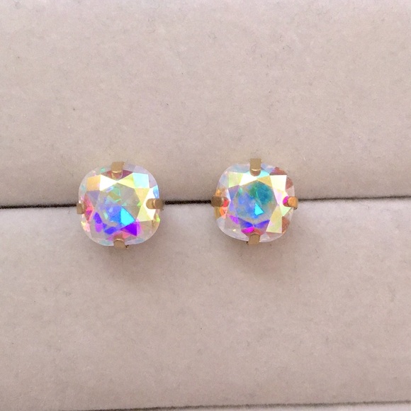 Aurora Borealis + Brass Cushion Cut Crystal Earrings - Picture 9 of 9